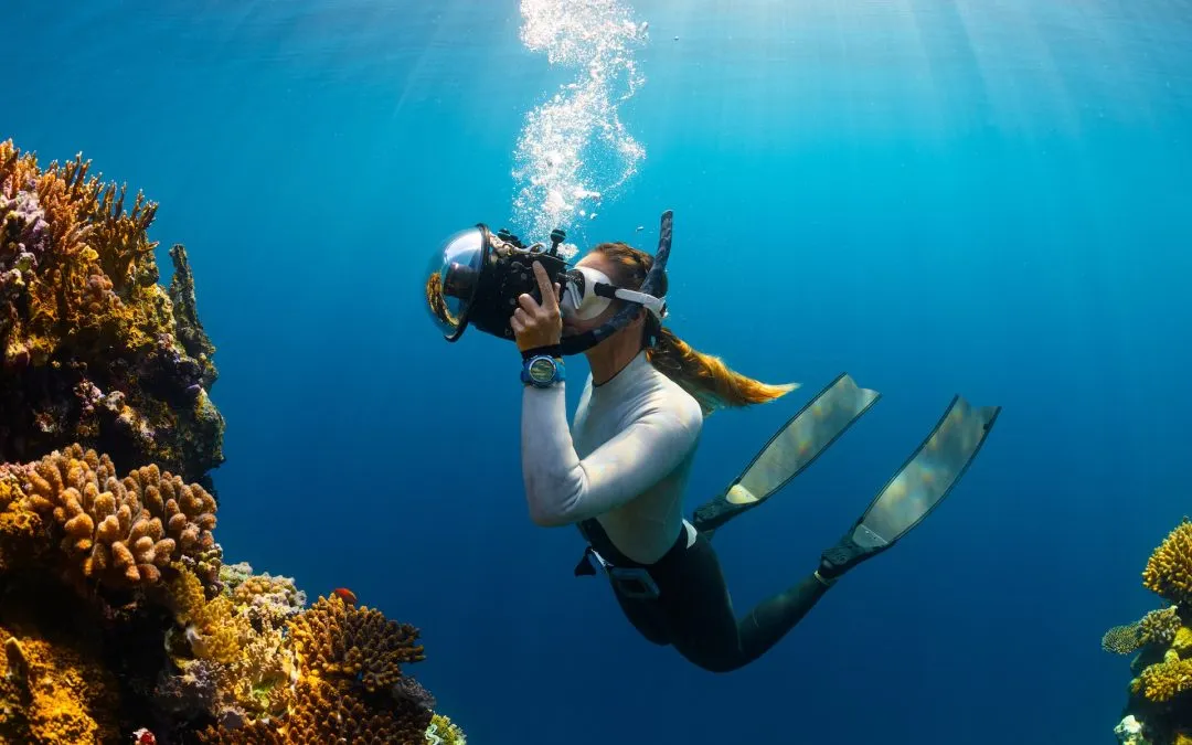 Snorkeler gliding over a shallow coral reef in the clear water off St. Thomas