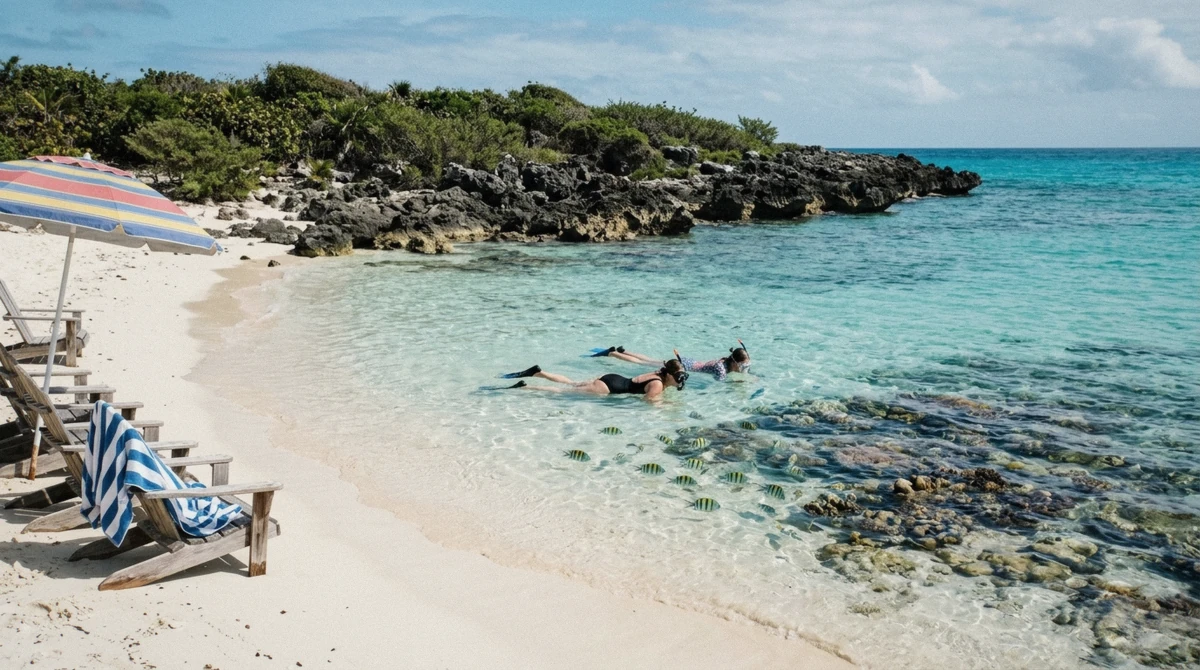 Snorkelers in shallow turquoise water beside a rocky point on a St. Thomas USVI snorkeling excursion